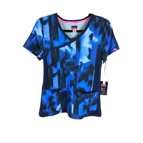 Koi Lite Stretch Women's Scrub Top Size XS Blue Stripe No Iron - Picture 7 of 8